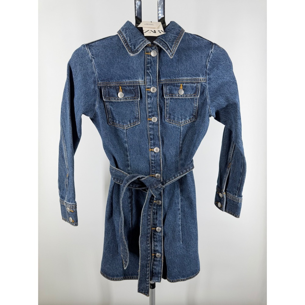 Zara‎ The Doro Denim Dress Womens XS Blue Long Sleeve Button Front Belted Mini